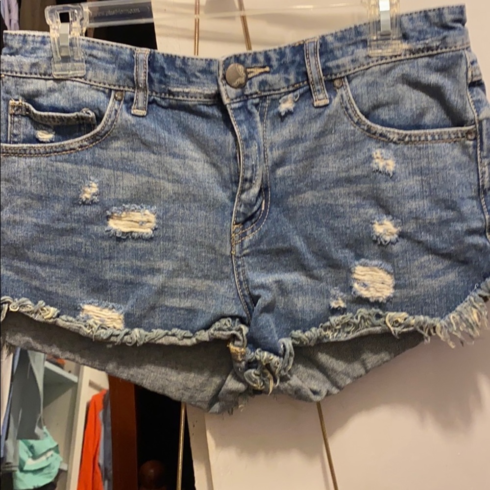 Free People Light Blue Distressed Denim Jean Shorts
